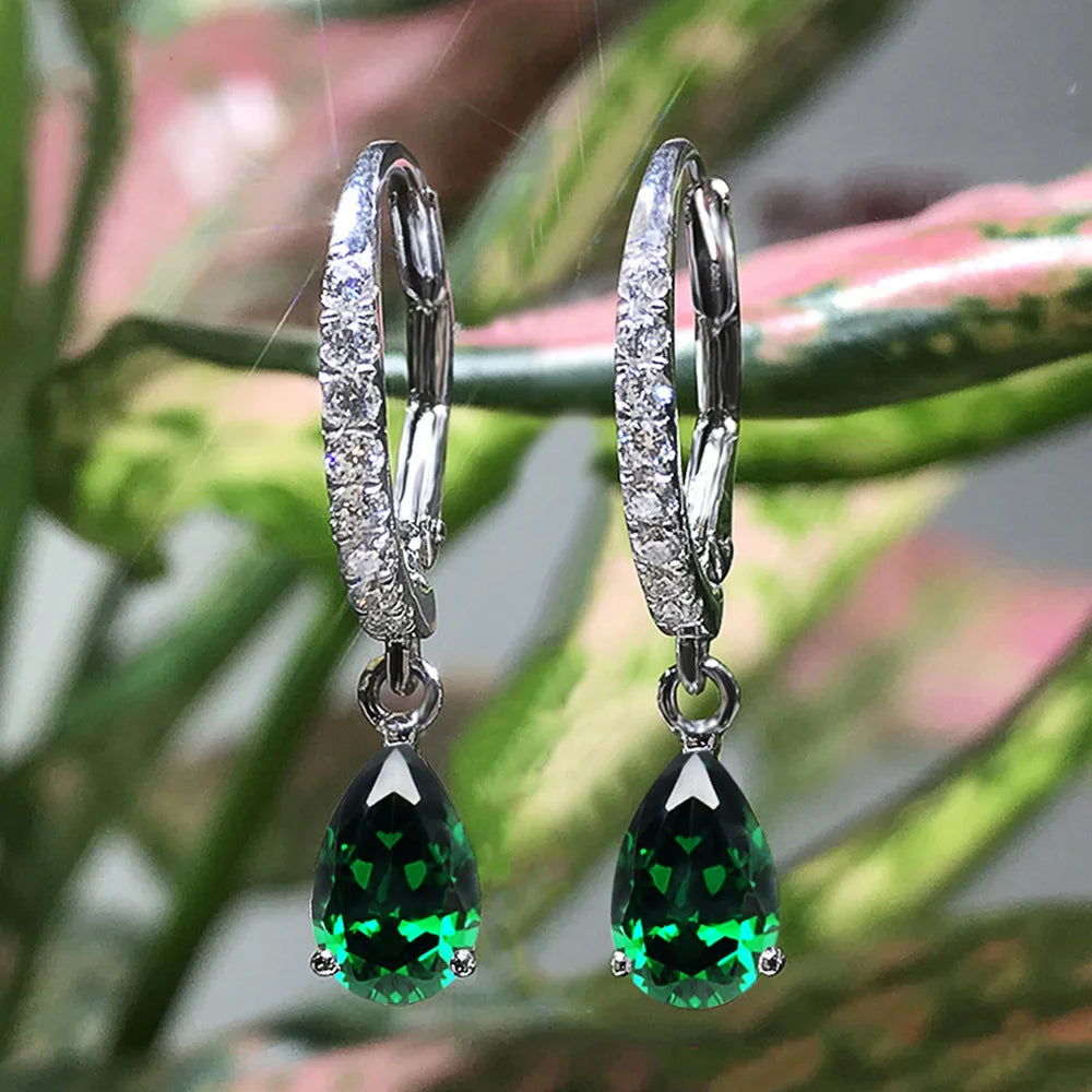 Trendy Green Crystal & Rhinestone Drop Earrings with Claw Setting for Women Silver Plated Alloy Pear Cut Party Accessories