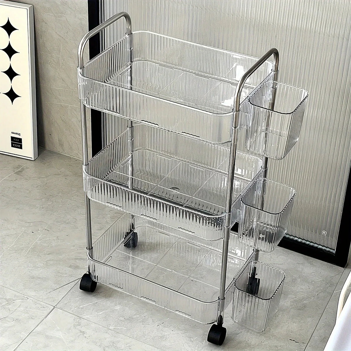 3Tier Clear Storage Cart with Wheels Multifunctional Rolling Organizer for Home and Office, Ideal for Bedroom Living Room