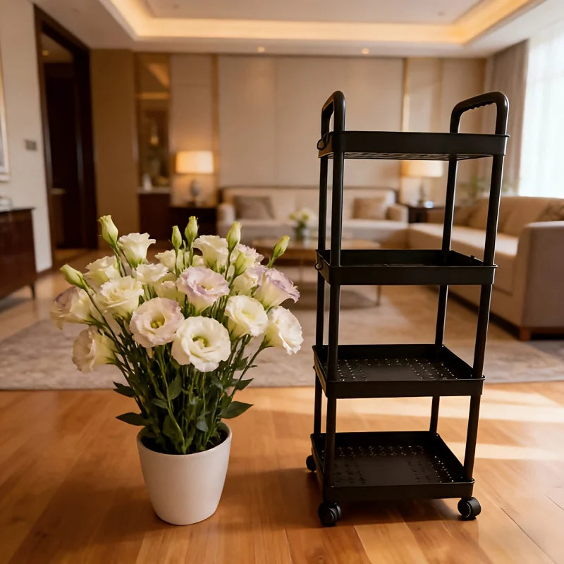 4-Tier Plastic Rolling Storage Cart - Portable Shelf Trolley with Wheels for Home Organization