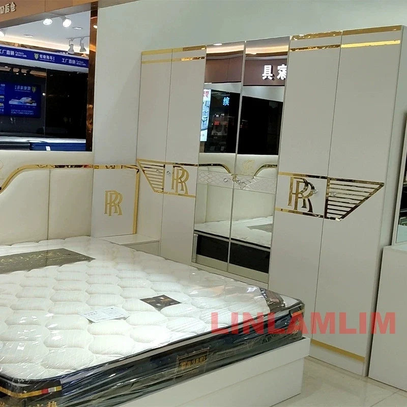 6-Piece Luxury White & Gold Bedroom Set with Latex Mattress, Bed, Wardrobe, Nightstands and Vanity Table, Bedroom Collection