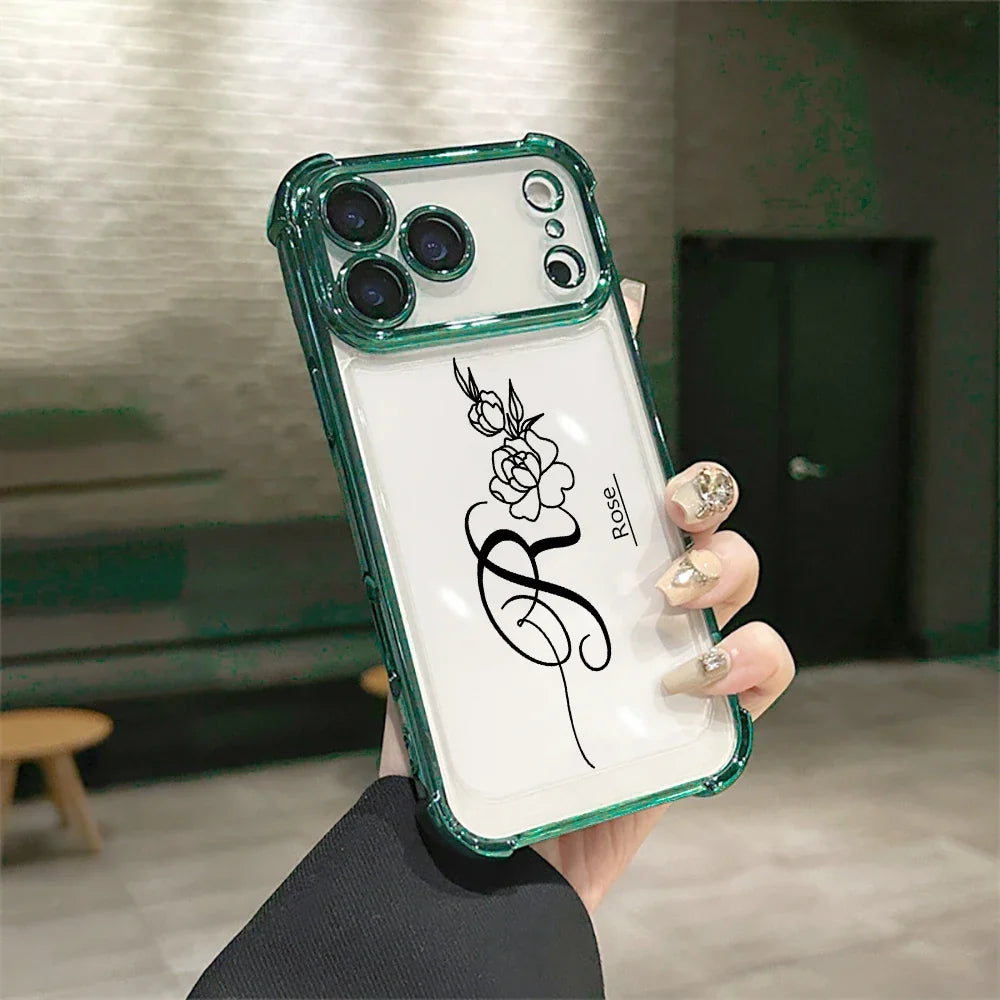 Customized Rose Name Initial Big Letter Clear Phone Case For iPhone 11 12 13 14 15 16 17 Pro Max Plating Acrylic Lens Protector