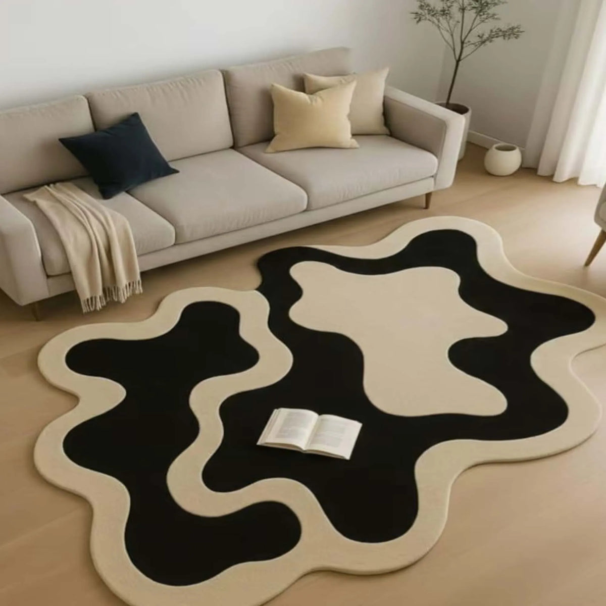 Irregular Hand Tufted Area Rug, Modern Abstract Black Ivory Wool Rug Mid Century Statement Designer Carpet for Livingroom Decor