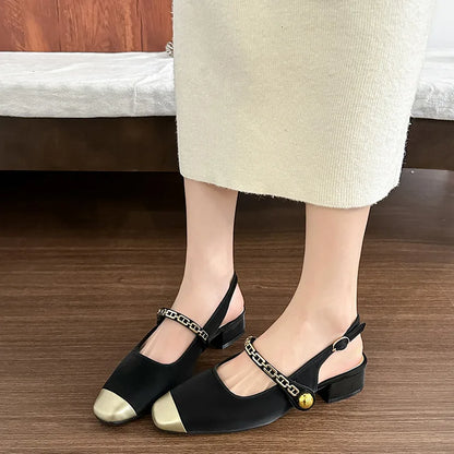 2026 Summer New Women One Strap Color Block Closed Toe Sandals square Toe Backless Low Heel Casual Shoes