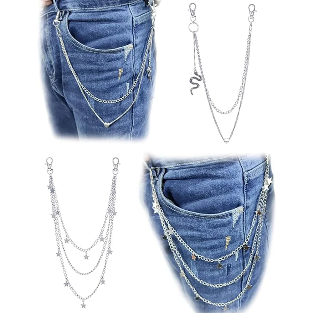 Edgy Pants Chains W/ Butterfly-Star-Snake Charms for Men Women - Hip Hop Punk Goth Belt Loop Jeans Accessories