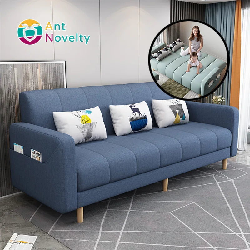 Modern Dual-Use Fabric Latex Sofa Bed Small House Foldable Three-Person Living Room Furniture for Simple Modern House