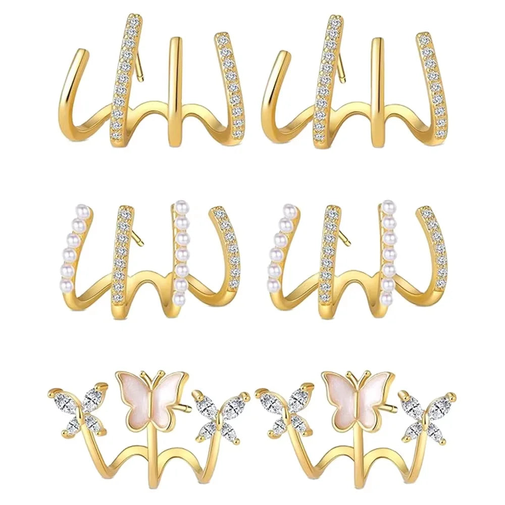 ZF Gold Zircon Butterfly Claw Piercing Stud Set Elegant Minimalist Dinner Party Women Fashion Jewelry Accessories