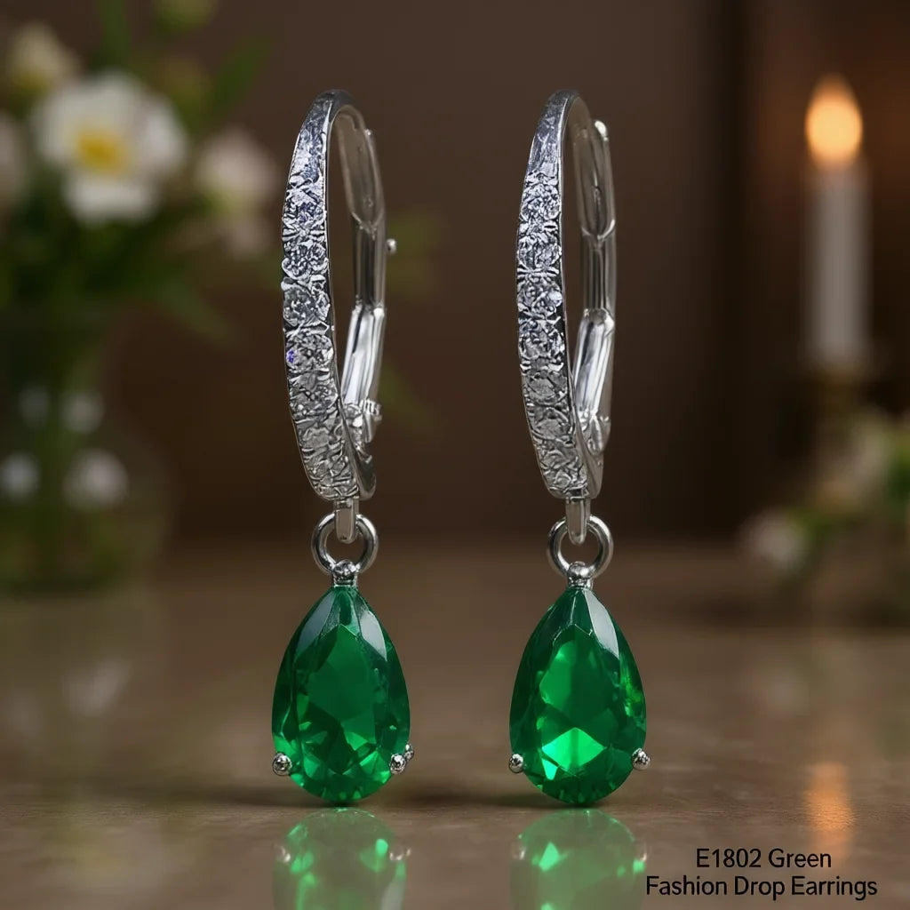Trendy Green Crystal & Rhinestone Drop Earrings with Claw Setting for Women Silver Plated Alloy Pear Cut Party Accessories