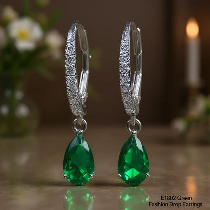 Trendy Green Crystal & Rhinestone Drop Earrings with Claw Setting for Women Silver Plated Alloy Pear Cut Party Accessories