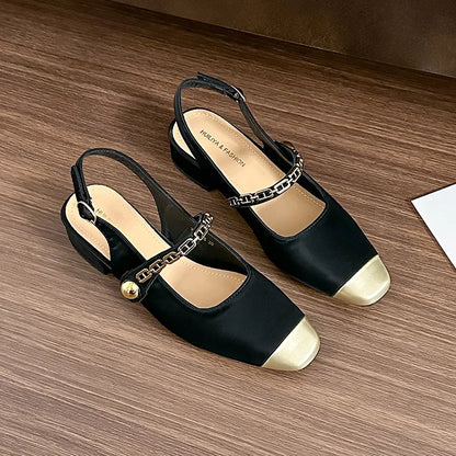2026 Summer New Women One Strap Color Block Closed Toe Sandals square Toe Backless Low Heel Casual Shoes