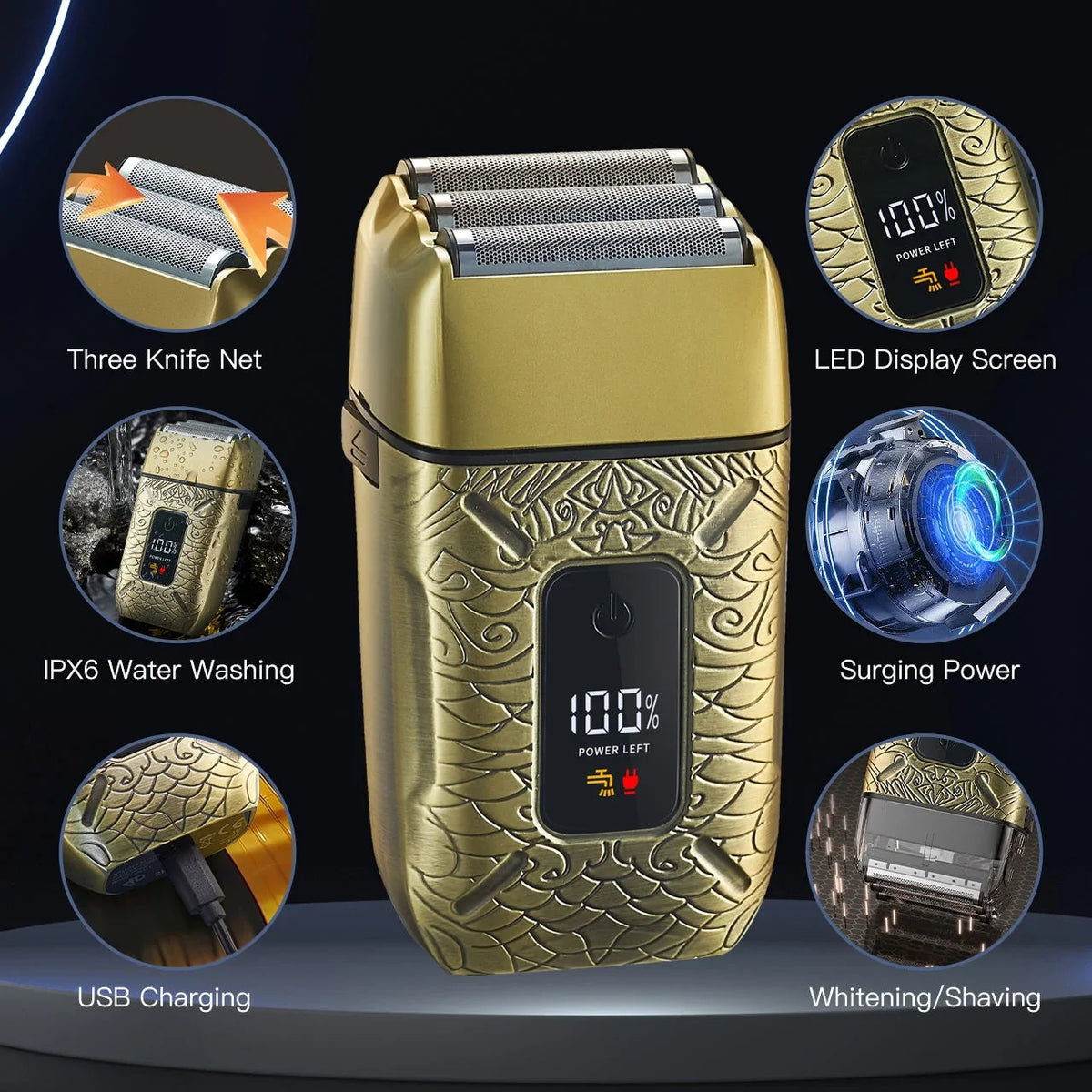 3-blade Men's Reciprocating Rotary Shaver USB Rechargeable Wet and Dry Use Gift for Men
