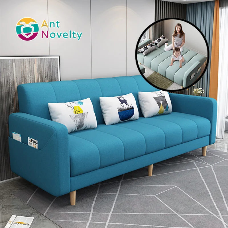 Modern Dual-Use Fabric Latex Sofa Bed Small House Foldable Three-Person Living Room Furniture for Simple Modern House