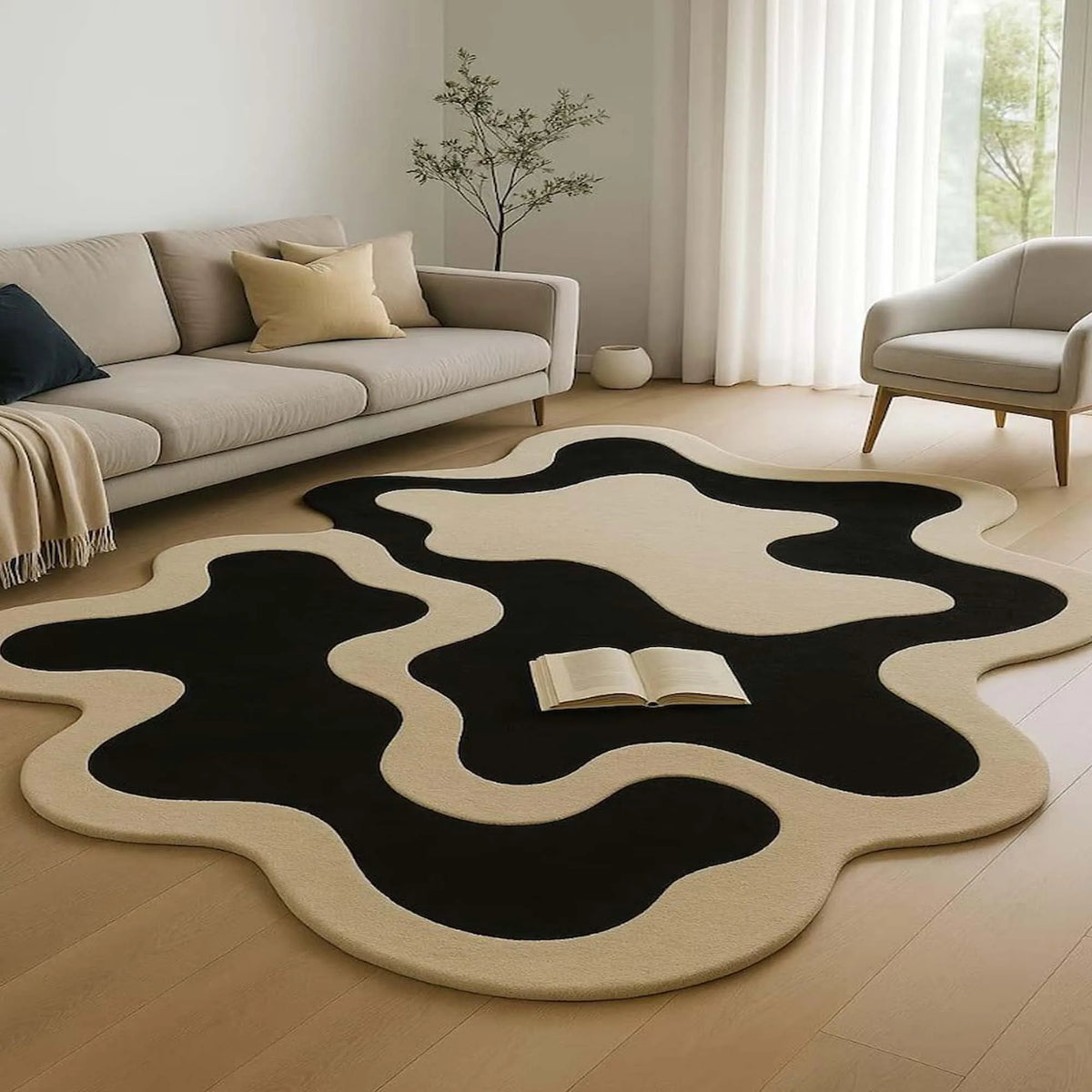Irregular Hand Tufted Area Rug, Modern Abstract Black Ivory Wool Rug Mid Century Statement Designer Carpet for Livingroom Decor