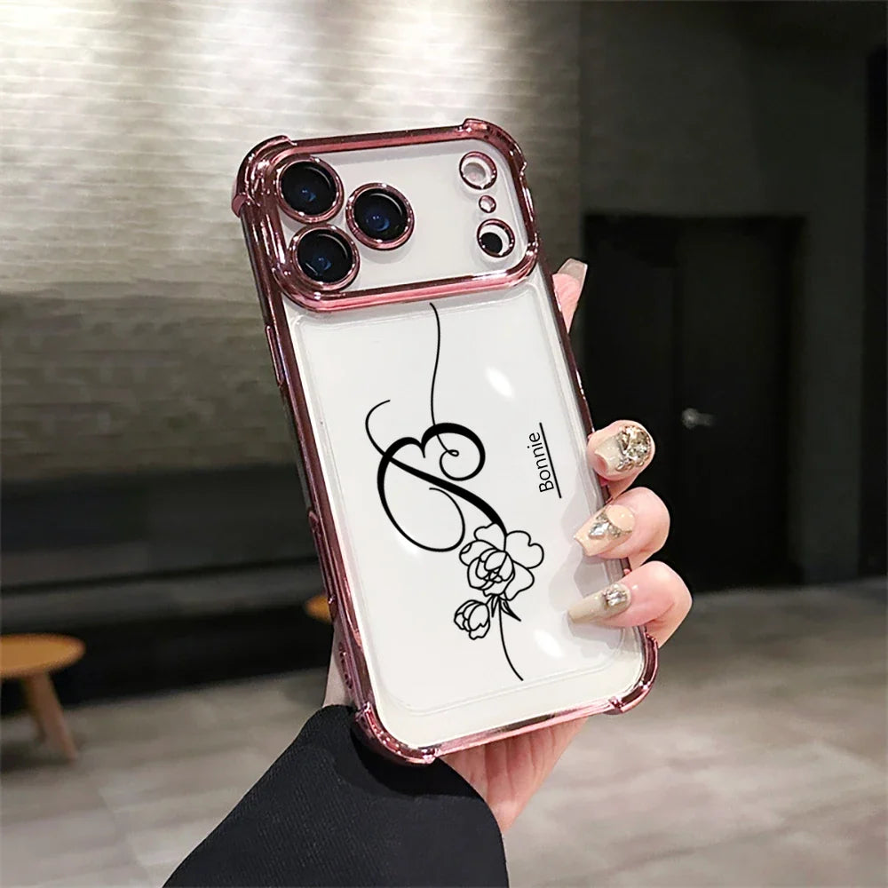 Customized Rose Name Initial Big Letter Clear Phone Case For iPhone 11 12 13 14 15 16 17 Pro Max Plating Acrylic Lens Protector
