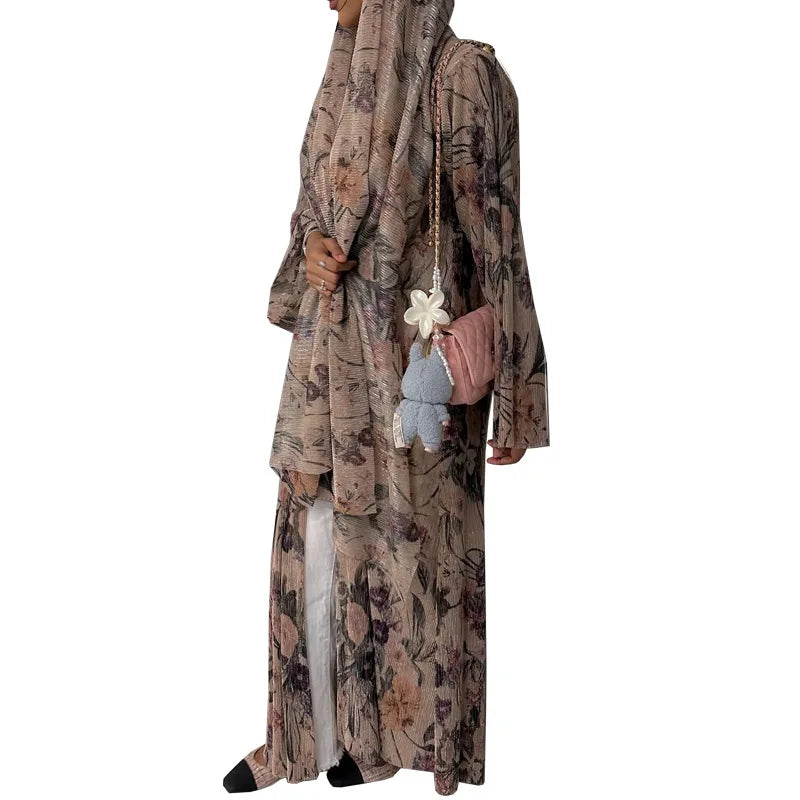 Women's Pleated Floral Print Abaya with Matching Hijab - Open Front Modest Dress for Daily & Religious Occasions