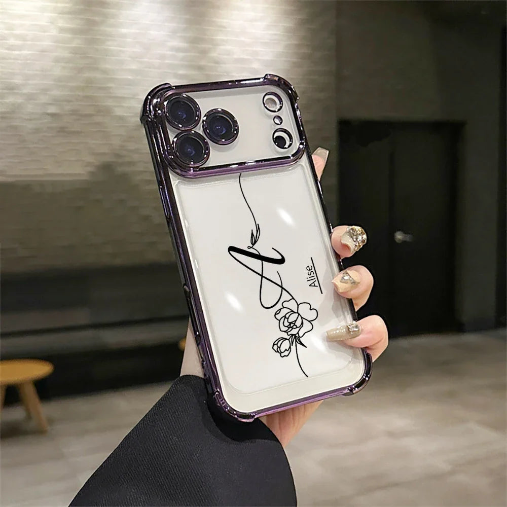 Customized Rose Name Initial Big Letter Clear Phone Case For iPhone 11 12 13 14 15 16 17 Pro Max Plating Acrylic Lens Protector