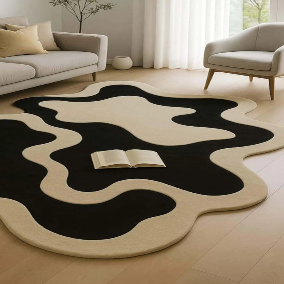Irregular Hand Tufted Area Rug, Modern Abstract Black Ivory Wool Rug Mid Century Statement Designer Carpet for Livingroom Decor
