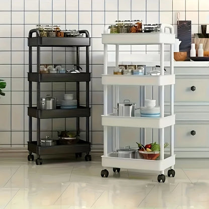4-Tier Plastic Rolling Storage Cart - Portable Shelf Trolley with Wheels for Home Organization