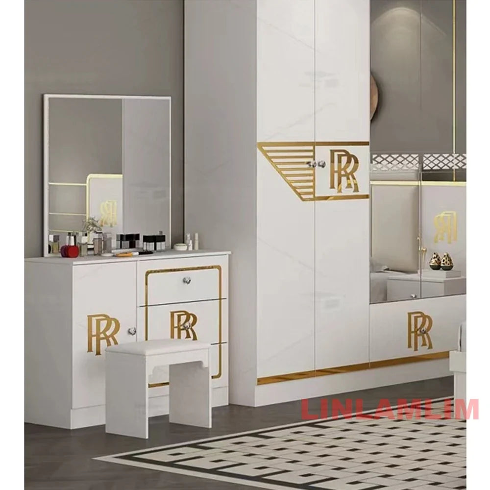 6-Piece Luxury White & Gold Bedroom Set with Latex Mattress, Bed, Wardrobe, Nightstands and Vanity Table, Bedroom Collection