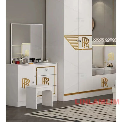 6-Piece Luxury White & Gold Bedroom Set with Latex Mattress, Bed, Wardrobe, Nightstands and Vanity Table, Bedroom Collection
