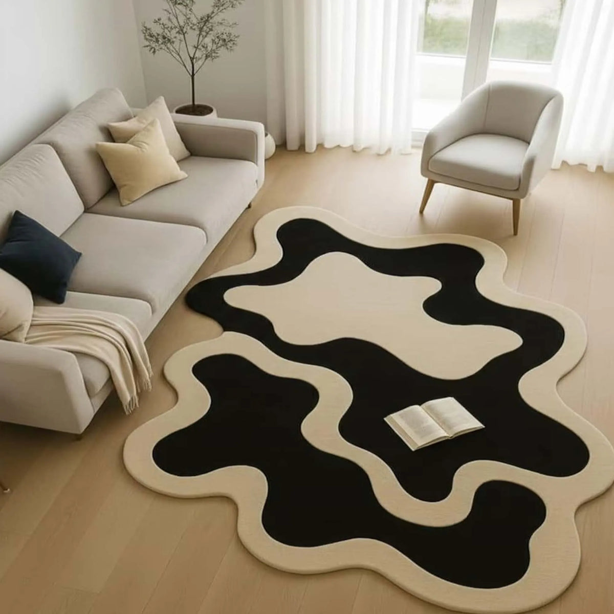 Irregular Hand Tufted Area Rug, Modern Abstract Black Ivory Wool Rug Mid Century Statement Designer Carpet for Livingroom Decor