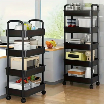 4-Tier Plastic Rolling Storage Cart - Portable Shelf Trolley with Wheels for Home Organization