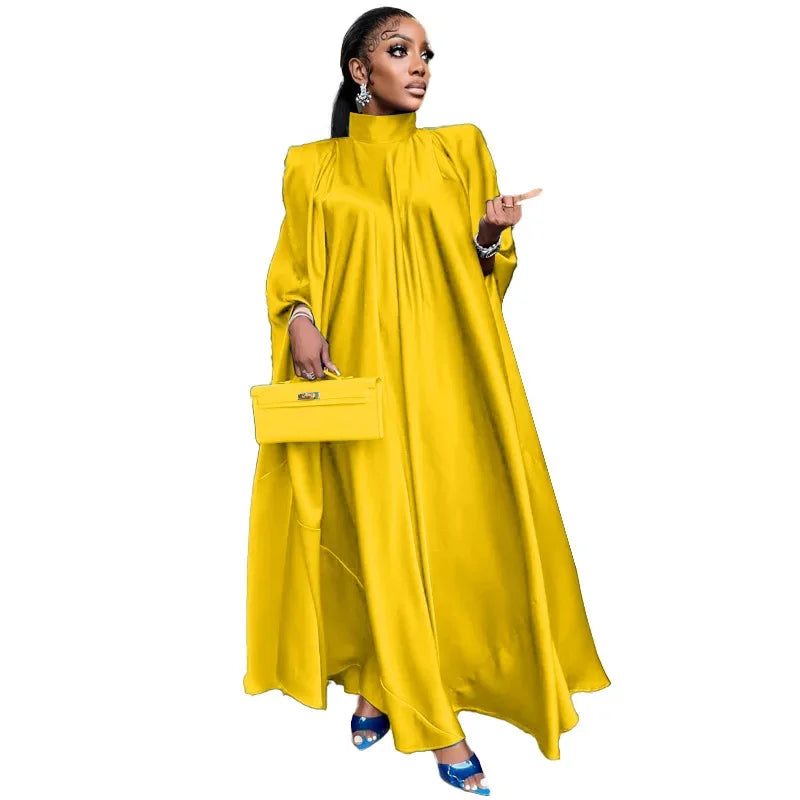 Fashion Luxury Dubai Indian Dress Muslim Abaya for Women Elegant High Neck Loose Pullover Solid Satin Party Evening Dresses Robe
