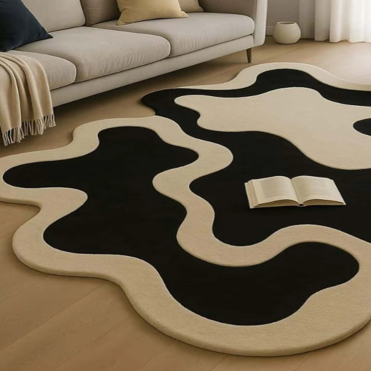 Irregular Hand Tufted Area Rug, Modern Abstract Black Ivory Wool Rug Mid Century Statement Designer Carpet for Livingroom Decor