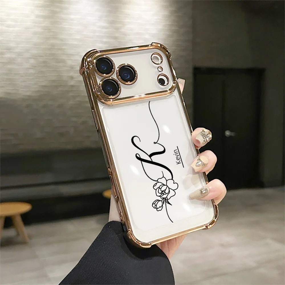 Customized Rose Name Initial Big Letter Clear Phone Case For iPhone 11 12 13 14 15 16 17 Pro Max Plating Acrylic Lens Protector