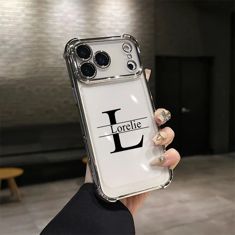 Customized Rose Name Initial Big Letter Clear Phone Case For iPhone 11 12 13 14 15 16 17 Pro Max Plating Acrylic Lens Protector