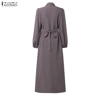 2026 ZANZEA Muslim Hijab Dresses Abaya Women Elegant Long Sleeve Pleated Sundress Solid Belted Party Robe Kaftan Dubai Vestidos