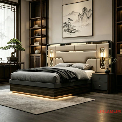 MINBDIBAO Turkish style Bedroom Set – King Bed with Upholstered Headboard, Nightstands, Wardrobe with Mirrored Doors, Dresser
