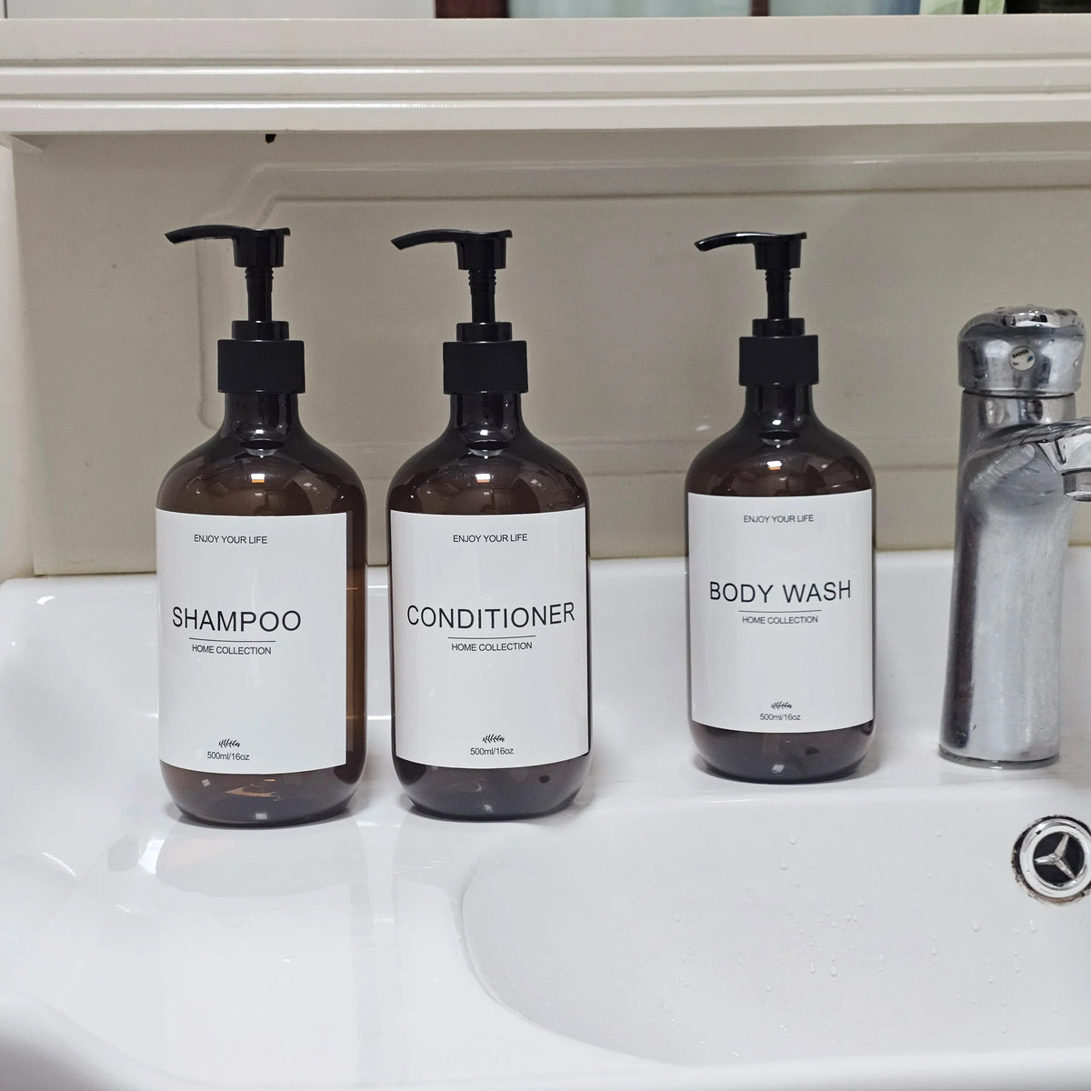 500ml Shampoo Body Wash Conditioner Dispenser Bottle Bathroom Waterproof Pre-Labeled Refillable Shampoo Bottle Soap Container
