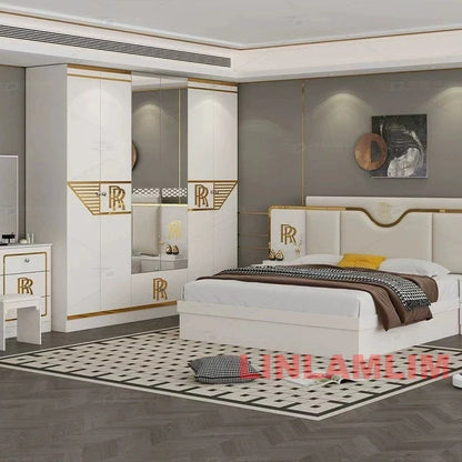 6-Piece Luxury White & Gold Bedroom Set with Latex Mattress, Bed, Wardrobe, Nightstands and Vanity Table, Bedroom Collection