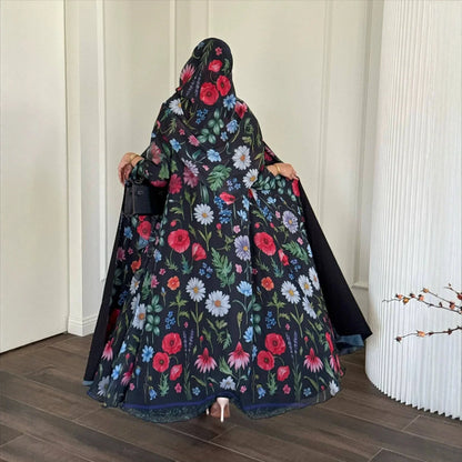 Abaya Hijab Women Eid Party Dresses Jalabiya Muslim Flower Print Cardigan Robe Khimar Ramadan Dubai Open Abayas Kaftan Vestidos