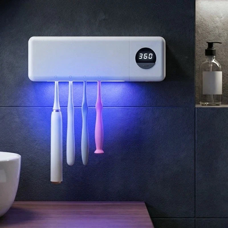 Intelligent UV Toothbrush Sterilizer USB Charging Wall-Mounted No-Drill Toothbrush Cleaner Bathroom Toothbrush Holder Organizer