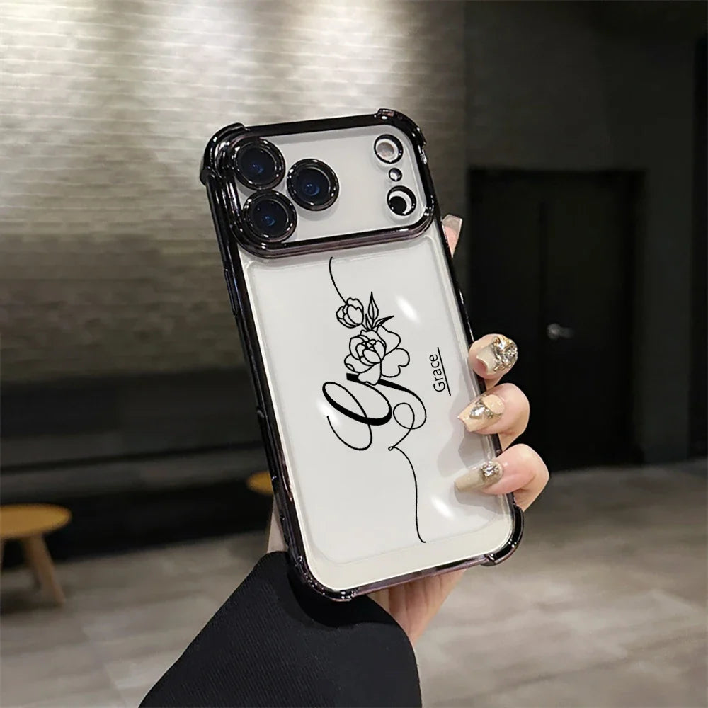 Customized Rose Name Initial Big Letter Clear Phone Case For iPhone 11 12 13 14 15 16 17 Pro Max Plating Acrylic Lens Protector