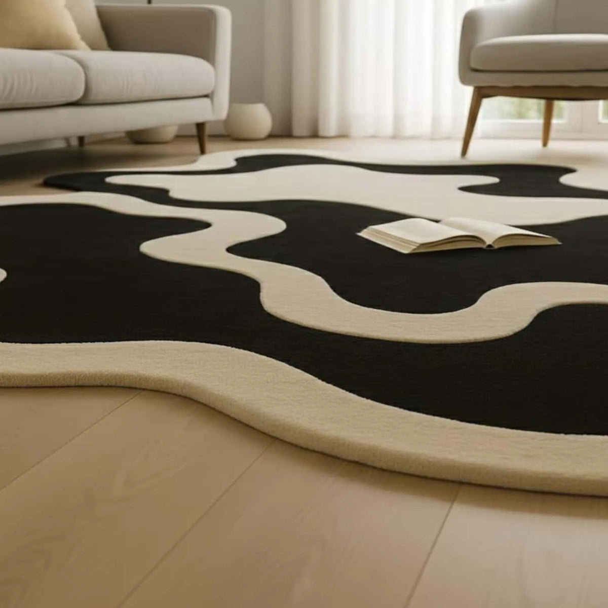Irregular Hand Tufted Area Rug, Modern Abstract Black Ivory Wool Rug Mid Century Statement Designer Carpet for Livingroom Decor