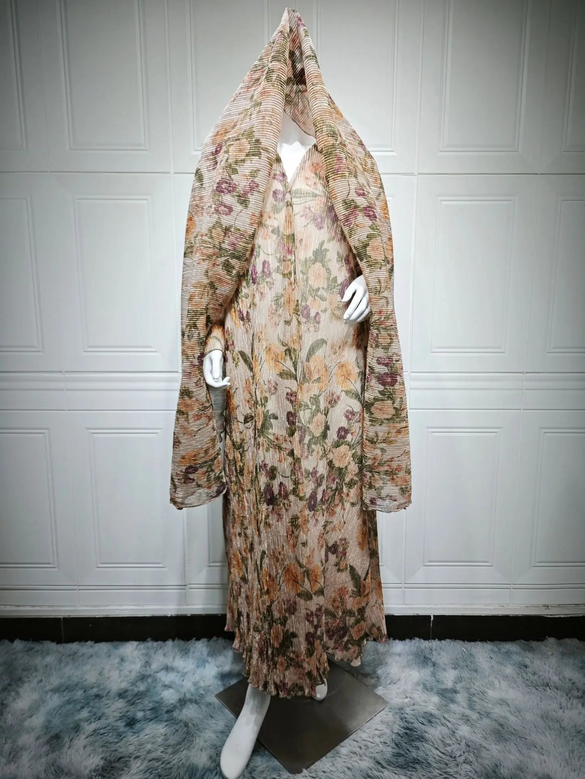 Women's Pleated Floral Print Abaya with Matching Hijab - Open Front Modest Dress for Daily & Religious Occasions