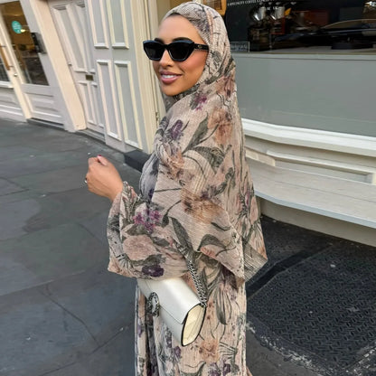 Women's Pleated Floral Print Abaya with Matching Hijab - Open Front Modest Dress for Daily & Religious Occasions